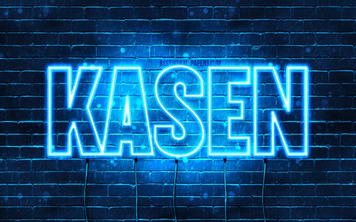 Kasen, 4k, 壁紙名, テキストの水平, 化繊名, 青色のネオン, 絵と化繊の名前
