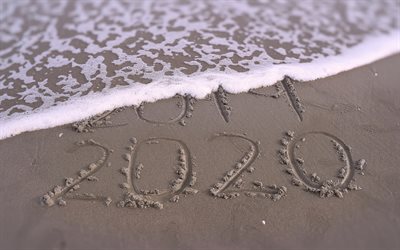 New Year 2020, beach, evening, sunset, 2020 on the sand, 2020 concepts, waves, sea breeze