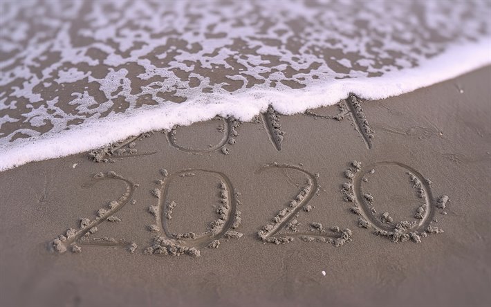 Nouvelle Ann&#233;e 2020, plage, soir&#233;e, coucher de soleil, horizon 2020 sur le sable, &#224; 2020 les concepts, les vagues, la brise de mer