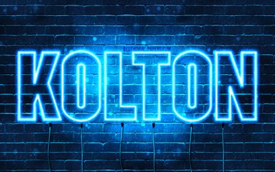 Kolton, 4k, fondos de pantalla con los nombres, el texto horizontal, Kolton nombre, luces azules de ne&#243;n, imagen con Kolton nombre