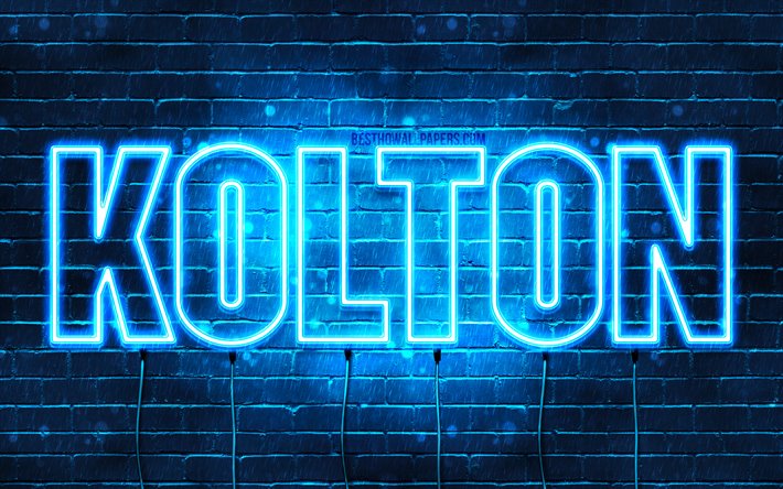 Kolton, 4k, pap&#233;is de parede com os nomes de, texto horizontal, Kolton nome, luzes de neon azuis, imagem com Kolton nome