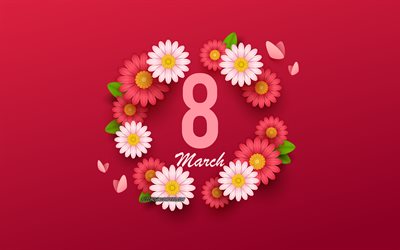 El 8 de Marzo, de fondo con flores, flores de la primavera, D&#237;a de san valent&#237;n, rojo floral de fondo