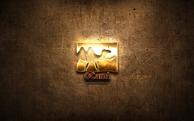 OCaml kultainen logo, ohjelmointikieli, ruskea metalli tausta, luova, OCaml-logo, ohjelmointi kielen merkkej&#228;, OCaml