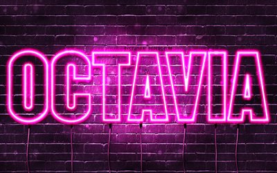 Octavia, 4k, wallpapers with names, female names, Octavia name, purple neon lights, horizontal text, picture with Octavia name