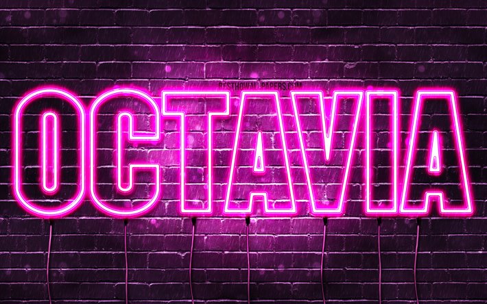 Octavia, 4k, adları Octavia adıyla, Bayan isimleri, Octavia adı, mor neon ışıkları, yatay metin, resim ile duvar kağıtları