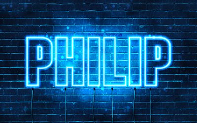 Philip, 4k, wallpapers with names, horizontal text, Philip name, blue neon lights, picture with Philip name