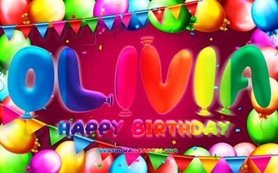 happy birthday olivia, 4k, bunte ballon-rahmen, olivia name, lila hintergrund, olivia happy birthday, olivia geburtstag, beliebten spanischen weiblichen vornamen, geburtstag-konzept, olivia