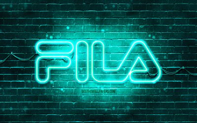 Fila turquoise logo, 4k, turquoise brickwall, Fila logo, brands, Fila neon logo, Fila