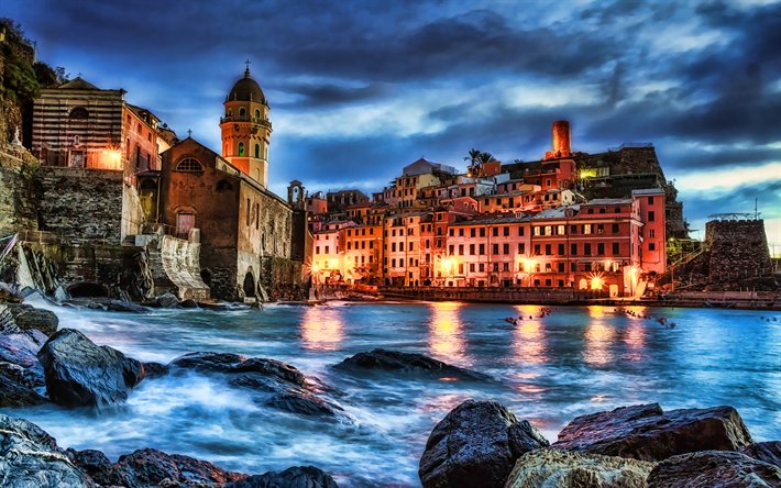 Vernazza, nightscapes, HDR, İtalyan arabaları, Cinque Terre, İtalya, Avrupa