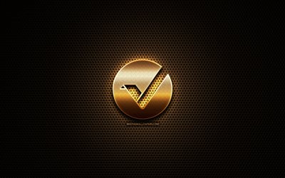 Vertcoin glitter logo, cryptocurrency, grid metal background, Vertcoin, creative, cryptocurrency signs, Vertcoin logo