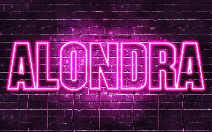 Alondra, 4k, wallpapers with names, female names, Alondra name, purple neon lights, horizontal text, picture with Alondra name