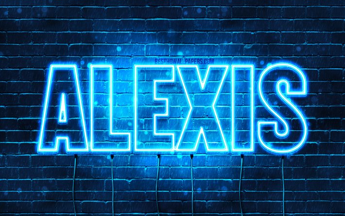 Alexis, 4k, les papiers peints avec les noms, le texte horizontal, Alexis nom, bleu n&#233;on, une photo avec le nom Alexis