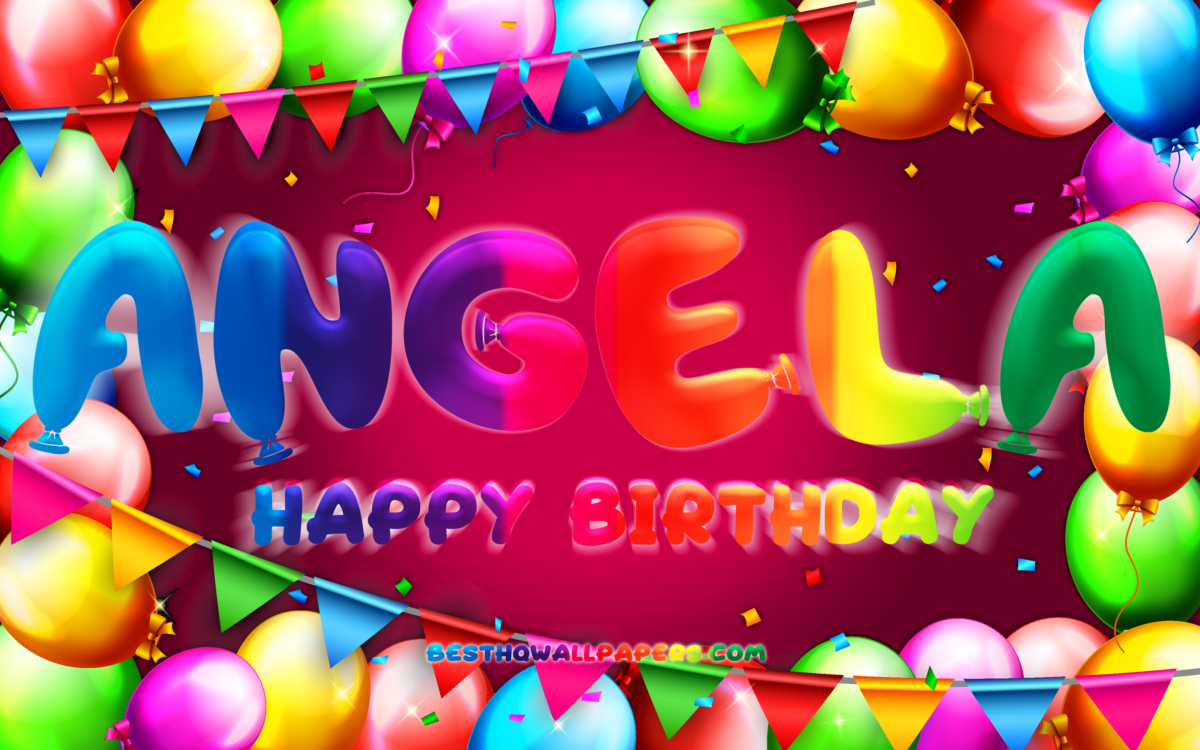 Happy Birthday Angela, 4k, colorful balloon frame, Angela name, purple back...