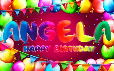 happy birthday angela, 4k, bunte ballon-rahmen, angela name, lila hintergrund, angela happy birthday, angela geburtstag, beliebten spanischen weiblichen vornamen, geburtstag-konzept, angela