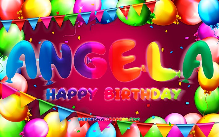 お誕生日おめでAngela, 4k, カラフルバルーンフレーム, アンジェラの名前, 紫色の背景, Angelaお誕生日おめで, アンジェラの誕生日, 人気のスペインの女性の名前, 誕生日プ, アンジェラ