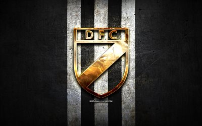 Danubio FC, golden logo, Uruguayan Primera Division, black metal background, football, Danubio, Uruguayan football club, Danubio logo, soccer, Uruguay