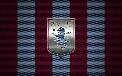 Aston Villa FC logo, English football club, metal emblem, purple-blue metal mesh background, Aston Villa FC, Premier League, Birmingham, England, football