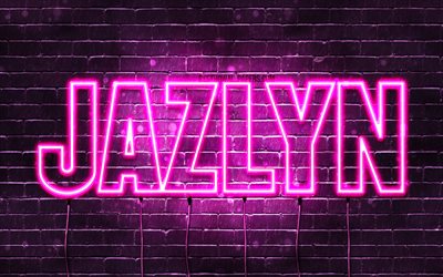 Jazlyn, 4k, wallpapers with names, female names, Jazlyn name, purple neon lights, horizontal text, picture with Jazlyn name