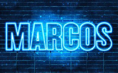 Marcos, 4k, taustakuvia nimet, vaakasuuntainen teksti, Marcos nimi, blue neon valot, kuva Marcos nimi