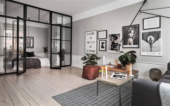 stylish living room interior, bedroom behind a glass wall, english style interior, modern interior design