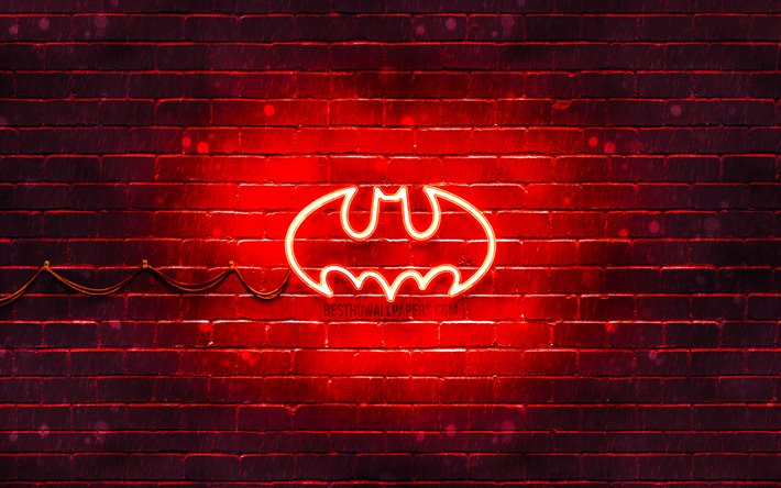 バットマン赤ロゴ, 4k, 赤brickwall, バットマンのロゴ, 嵐, バットマンネオンのロゴ, バットマン