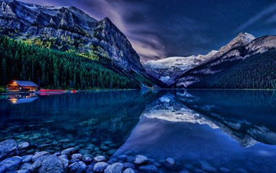 Lake Louise, night, Canadian landmarks, Banff National Park, Alberta, Canadian Rockies, Canada, beautiful nature