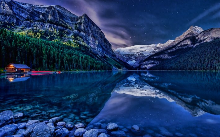 Lake Louise, notte, Canadese di punti di riferimento, Parco Nazionale di Banff, Alberta, montagne Rocciose Canadesi, il Canada, la natura bellissima