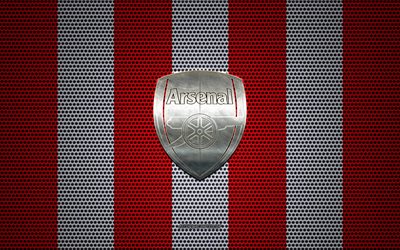 Arsenal FC logo, English football club, metal emblem, red and white metal mesh background, Arsenal FC, Premier League, London, England, football