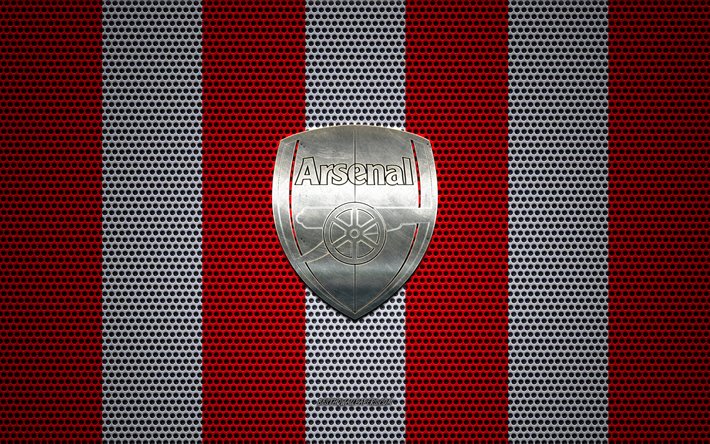 L&#39;Arsenal FC logo, club di calcio inglese, metallo emblema, il rosso e il bianco della maglia metallica di sfondo, l&#39;Arsenal FC, Premier League, Londra, Inghilterra, calcio