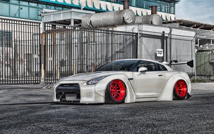 4k, Nissan GT-R, low rider, tuning, R35, 2019 cars, white GT-R, supercars, japanese cars, Nissan