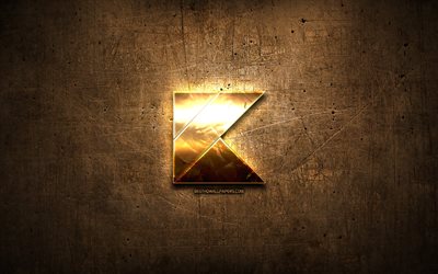 Kotlin golden logo, programming language, brown metal background, creative, Kotlin logo, programming language signs, Kotlin