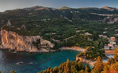 Corfu, ilha grega, noite, p&#244;r do sol, Mar J&#244;nico, Kerkyra Ilha, costa, mar, paisagem de montanha, Paleokastritsa, Gr&#233;cia