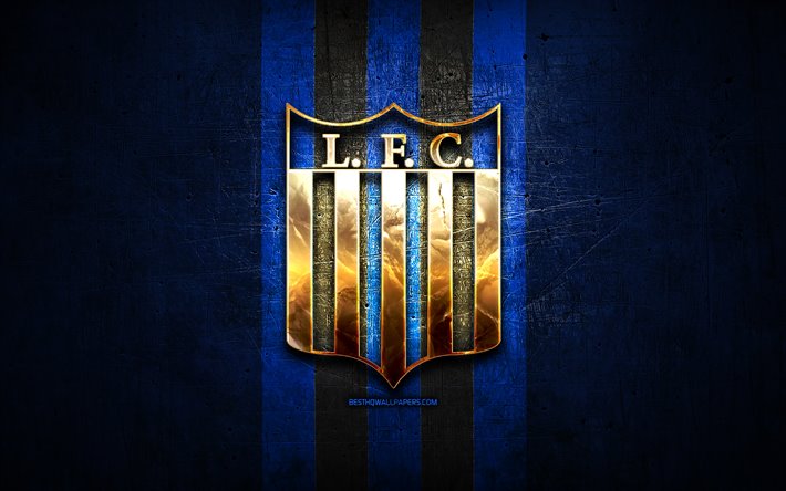 Liverpool Montevideo FC, golden logo, Uruguayan Primera Division, blue metal background, football, Liverpool Montevideo, Uruguayan football club, Liverpool Montevideo logo, soccer, Uruguay