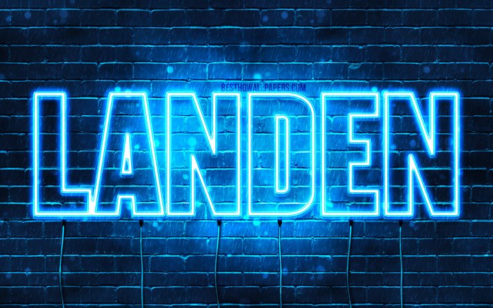 Landen, 4k, sfondi per il desktop con i nomi, il testo orizzontale, Landen nome, neon blu, immagine con nome Landen