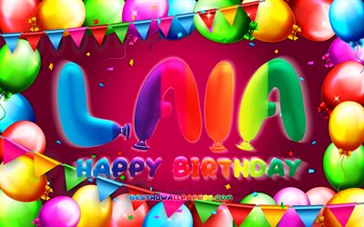 お誕生日おめでLaia, 4k, カラフルバルーンフレーム, Laia名, 紫色の背景, Laiaお誕生日おめで, Laia誕生日, 人気のスペインの女性の名前, 誕生日プ, 広