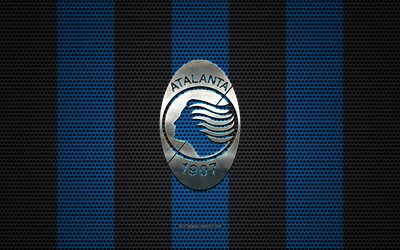 Atalanta BC logo, Italian football club, metal emblem, blue black metal mesh background, Atalanta BC, Serie A, Bergamo, Italy, football, Atalanta Bergamasca Calcio