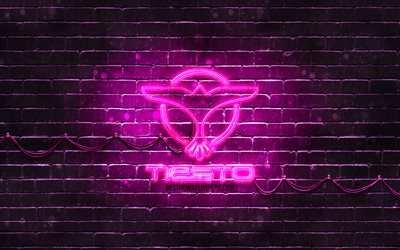 DJ Tiesto purple logo, 4k, superstars, dutch DJs, purple brickwall, DJ Tiesto logo, Tijs Michiel Verwest, music stars, DJ Tiesto neon logo, DJ Tiesto