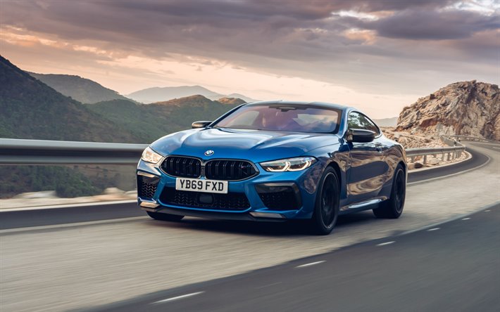 BMW M8, 2020, F92, front view, exterior, blue sports coupe, new blue M8, german sports cars, BMW