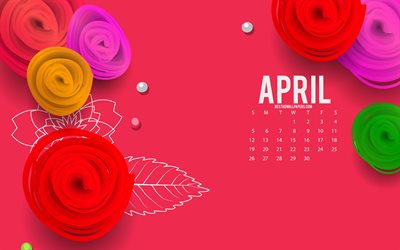 2020 April Calendar, red floral background, paper roses, 2020 spring calendars, roses, April 2020 calendar