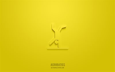 Acrobatica icona 3d, sfondo giallo, simboli 3d, acrobazie, icone sport, icone 3d, segno acrobatico, icone sport 3d