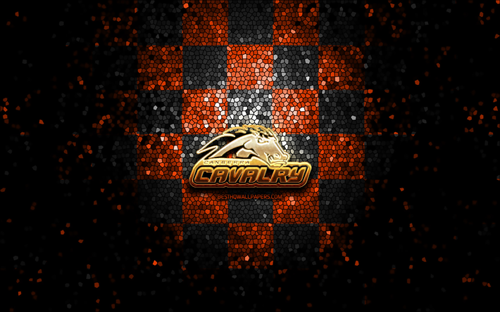 Canberra Cavalry, glitter logo, ABL, orange black checkered background, baseball, australian baseball team, Canberra Cavalry logo, mosaic art