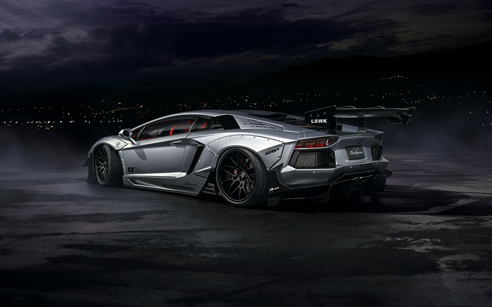 4k, Lamborghini Aventador, LP 700-4, ext&#233;rieur, vue arri&#232;re, Aventador tuning, argent Aventador, supercars, voitures de sport italiennes, Lamborghini