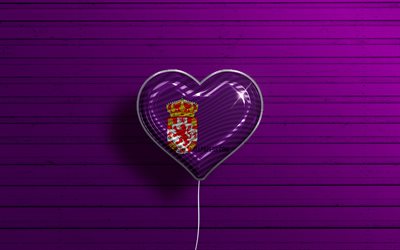 Amo Cordoba, 4k, palloncini realistici, sfondo di legno viola, giorno di Cordoba, province spagnole, bandiera di Cordoba, Spagna, palloncino con bandiera, Province della Spagna, Cordoba