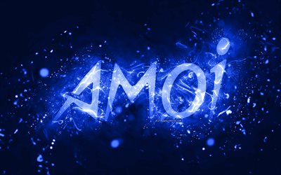 Logo Amoi blu scuro, 4k, luci al neon blu scuro, creativo, sfondo astratto blu scuro, logo Amoi, marchi, Amoi