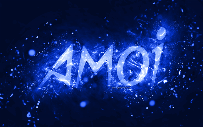 Amoi m&#246;rkbl&#229; logotyp, 4k, m&#246;rkbl&#229; neonljus, kreativ, m&#246;rkbl&#229; abstrakt bakgrund, Amoi logotyp, varum&#228;rken, Amoi