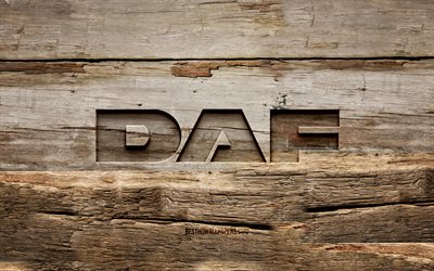 DAF wooden logo, 4K, wooden backgrounds, cars brands, DAF logo, creative, wood carving, DAF