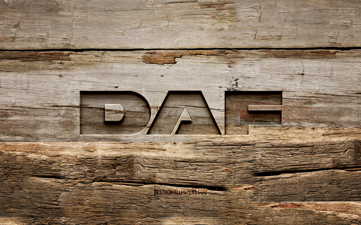 DAF puinen logo, 4K, puiset taustat, automerkit, DAF-logo, luova, puunveisto, DAF