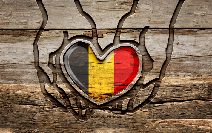 Rakastan Belgiaa, 4K, puuveistok&#228;det, Belgian p&#228;iv&#228;, Belgian lippu, luova, Belgian lippu k&#228;dess&#228;, Varo Belgia, puunveisto, Eurooppa, Belgia