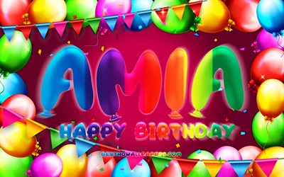 Happy Birthday Amia, 4k, colorful balloon frame, Amia name, purple background, Amia Happy Birthday, Amia Birthday, popular american female names, Birthday concept, Amia