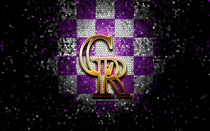 Colorado Rockies emblem, glitter logo, MLB, violet white checkered background, american baseball team, Major League Baseball, mosaic art, baseball, Colorado Rockies